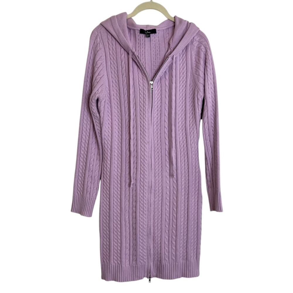Lulus Cable Knit Hooded Sweater Dress XL Lavender Full Zip Long Sleeve